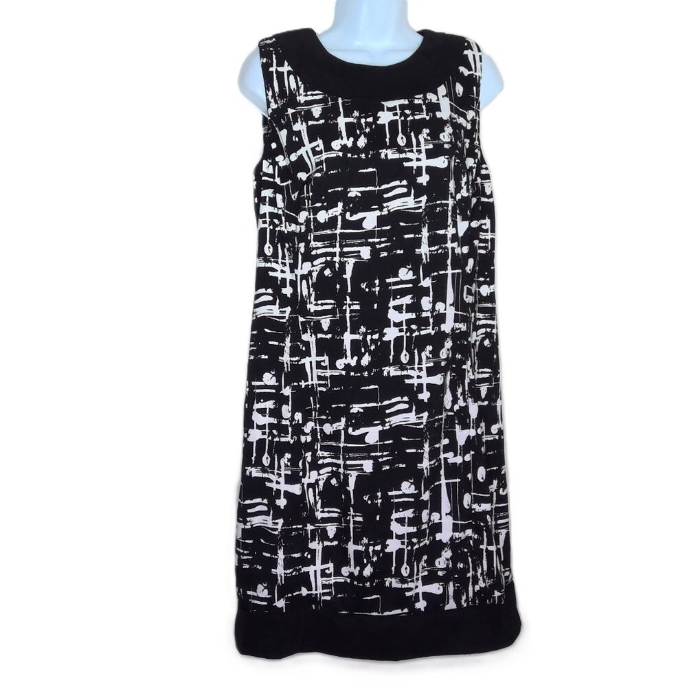 AB Studio Dress Sleeveless Black & White Shift Sheath Knee Length Career Sz 14